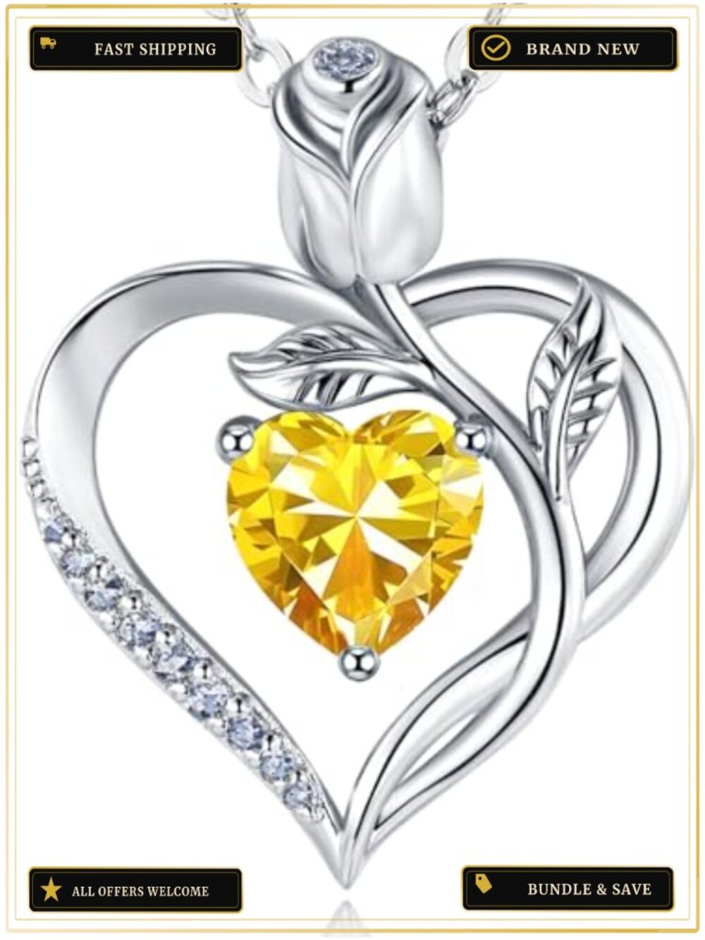 18K White Gold over S925 Silver Heart Birthstone Pendant Necklace